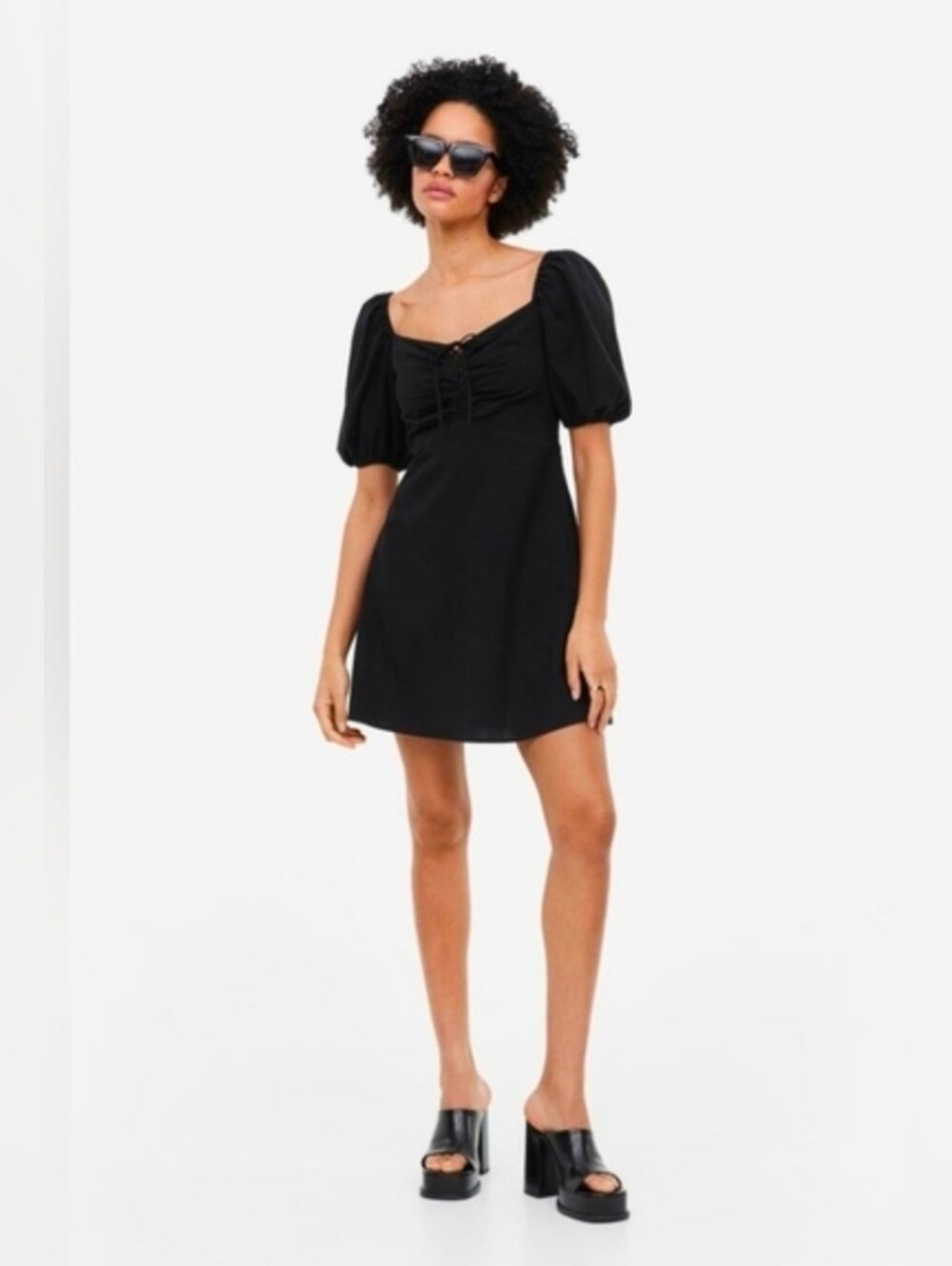 Discontinued H&M Puff-sleeved, lacing-detail Linen Blend, Black dress. XL